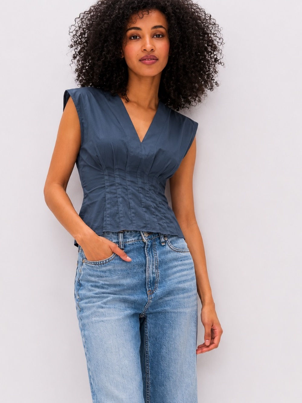 Rag & Bone Ines V-Neck Cotton Poplin Top in Navy/Slate Blue